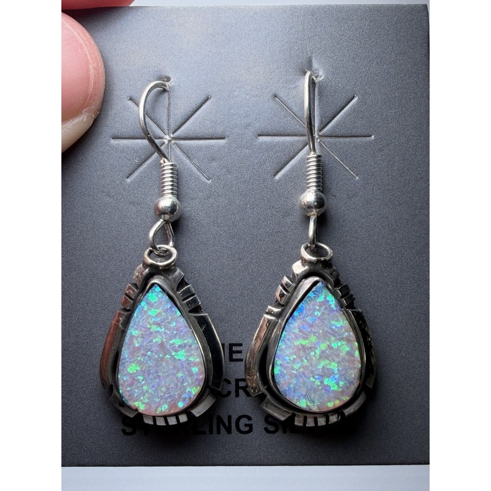 Handmade Navajo Sterling Silver Dangle Earrings with Opal Stone